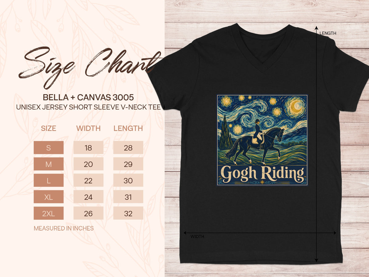 Black v-neck tee with Van Gogh-inspired "Gogh Riding" graphic and size chart.