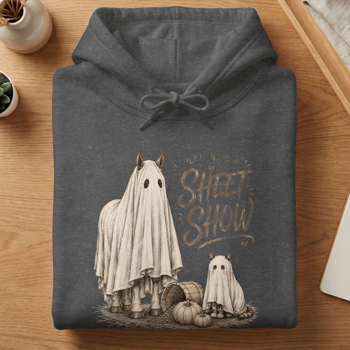 Horse and cat dressed as ghosts with pumpkins and text "Every Day is a Sheet Show".