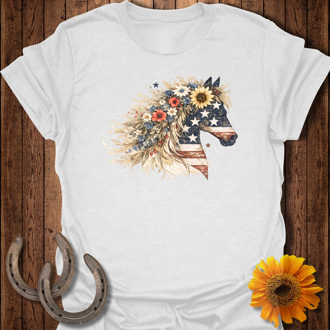 White t-shirt with a horse head adorned with flowers and the American flag.