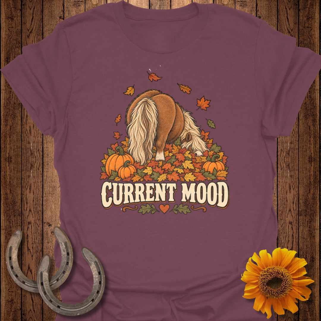 Pony in autumn leaves with pumpkins and text "CURRENT MOOD".