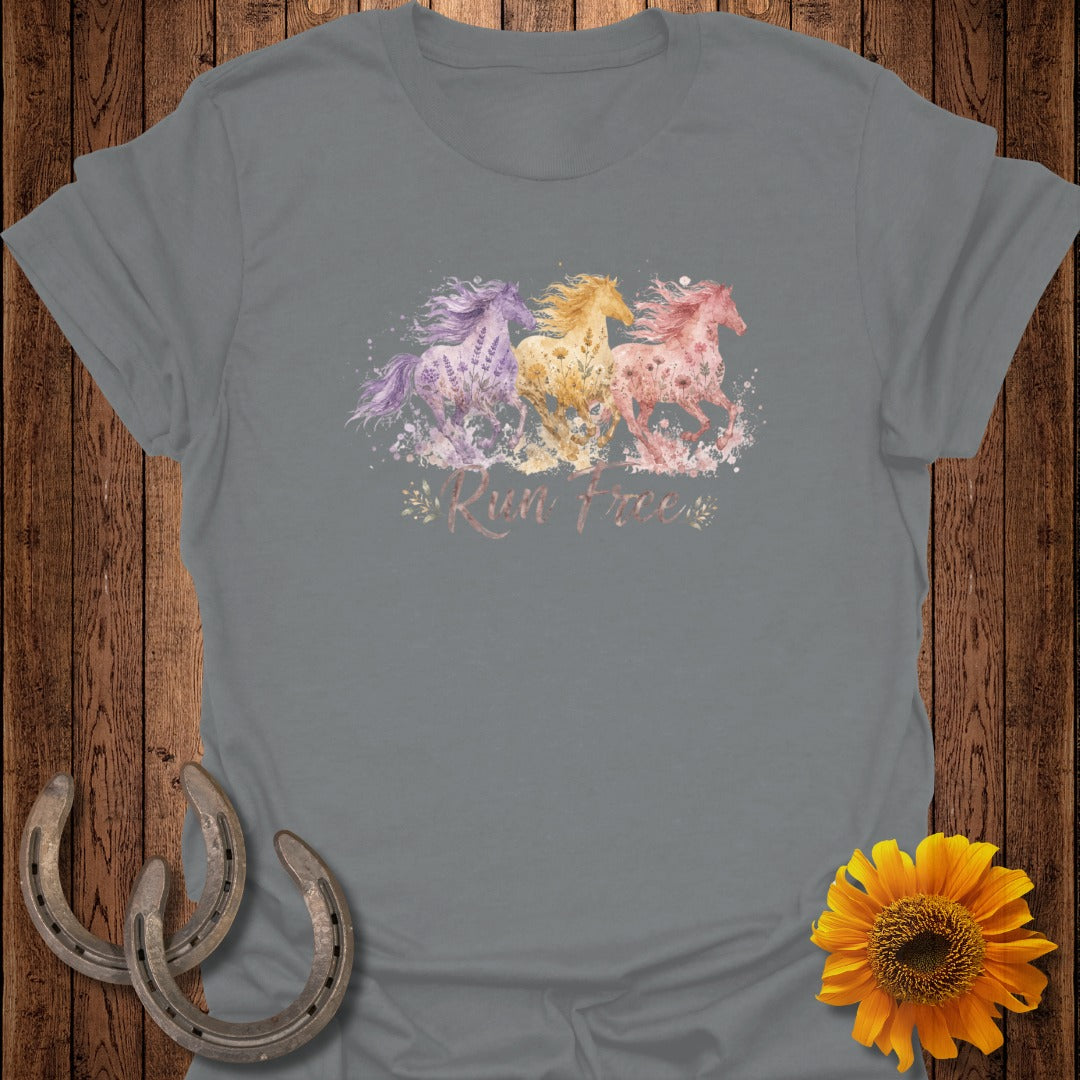 Three watercolor horses running with "Run Free" text and sunflower.