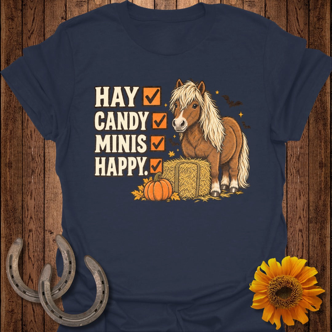 Miniature horse with hay, pumpkin, and checklist: hay, candy, minis, happy.