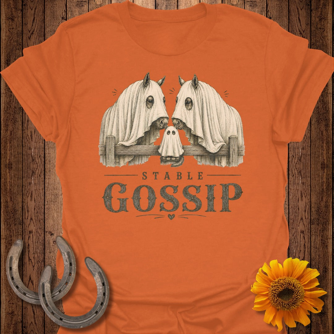 Two horses in ghost sheets with a small ghost between them above "STABLE GOSSIP" text.