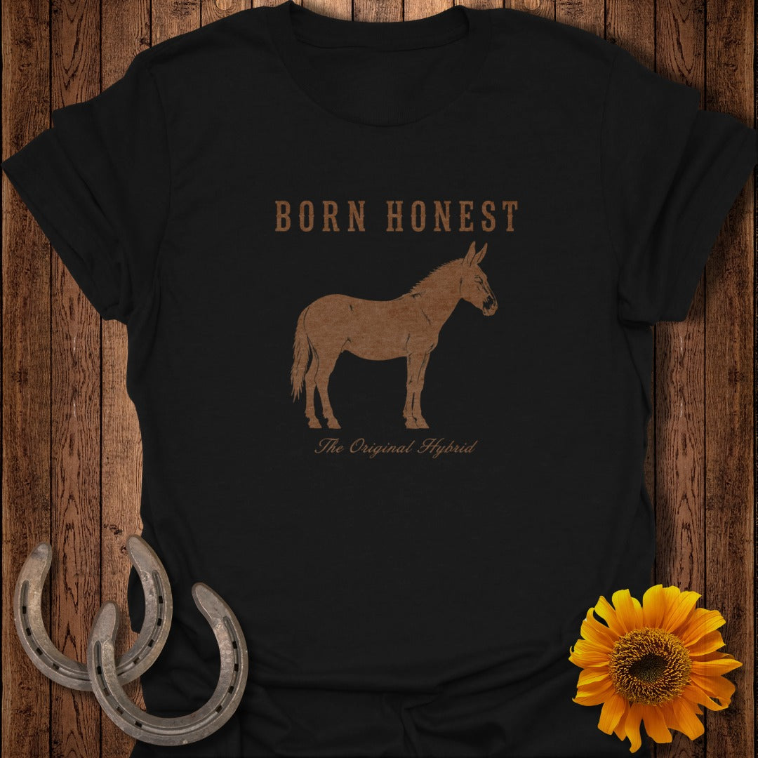 Black t-shirt with "BORN HONEST The Original Hybrid" and a donkey graphic.