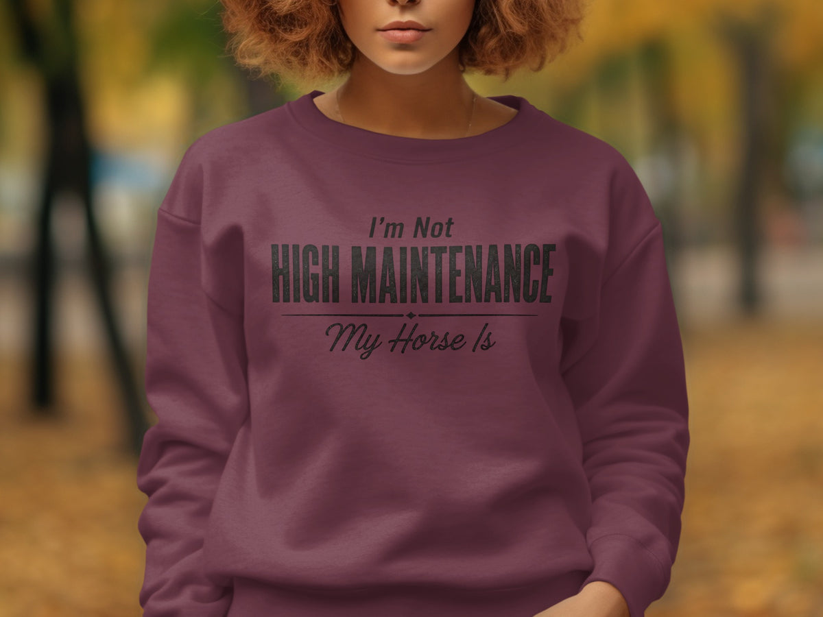Maroon sweatshirt with black text "I'm Not HIGH MAINTENANCE My Horse Is".