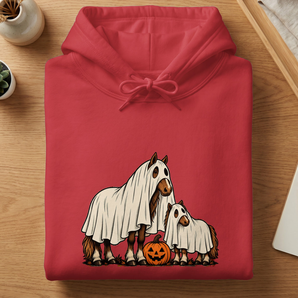 Two horses wearing ghost costumes stand with a jack-o'-lantern.