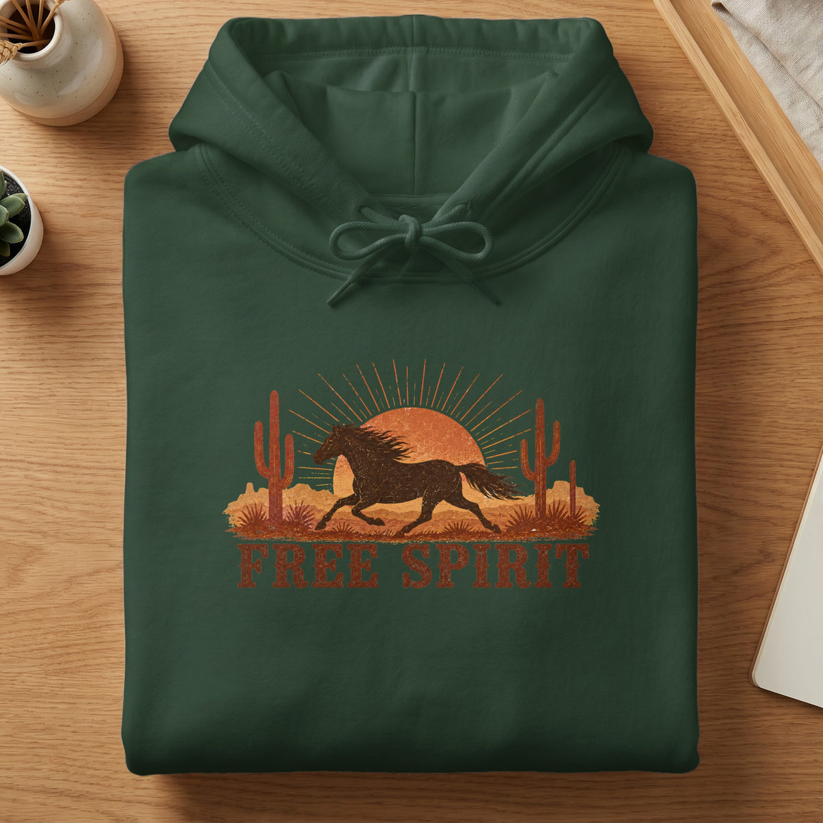 Dark green hoodie with desert graphic of running horse, cacti, and "FREE SPIRIT" text.