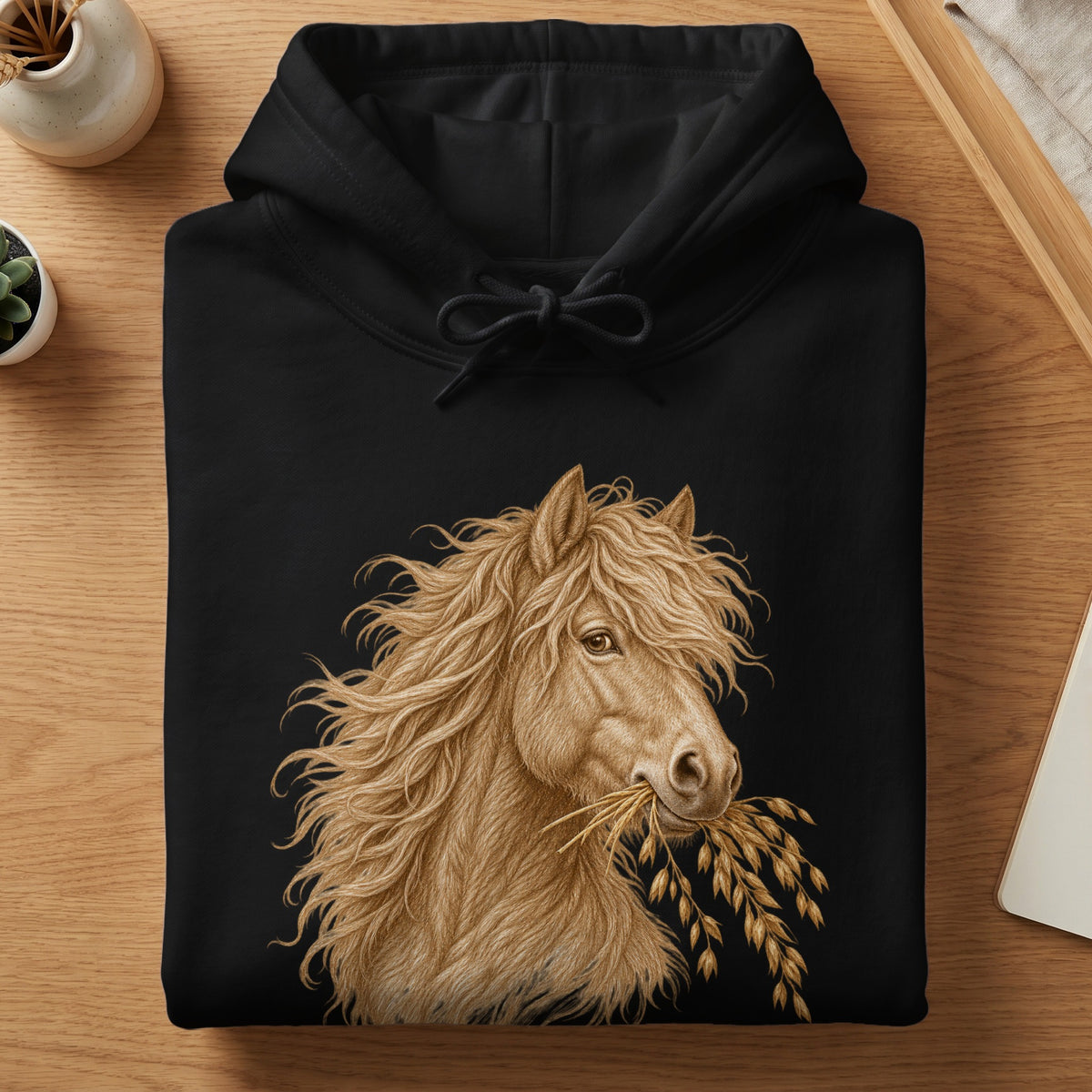 Folded black hoodie featuring a detailed brown horse graphic with wheat in its mouth.