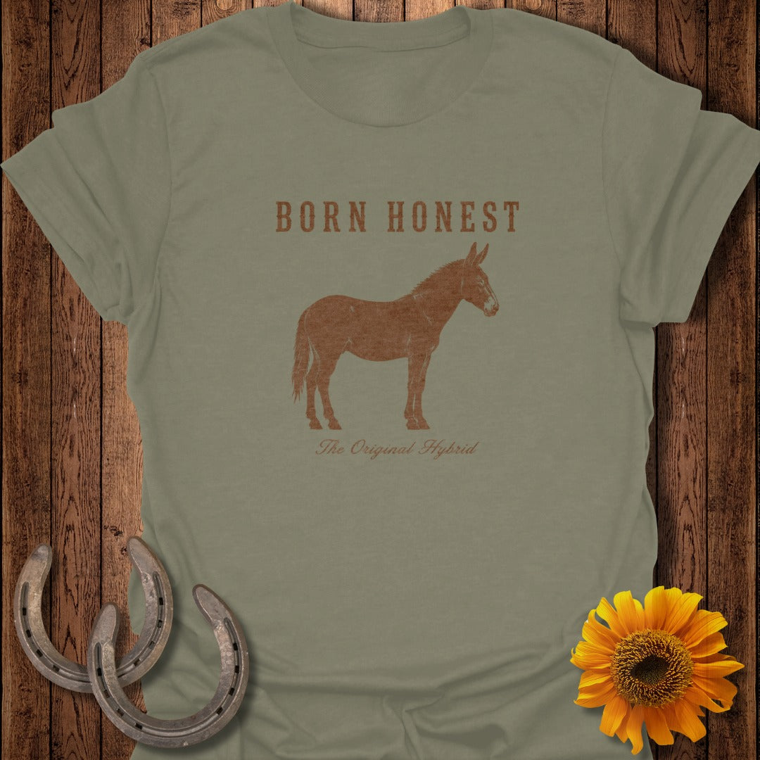 Olive green t-shirt with "BORN HONEST The Original Hybrid" and a donkey graphic.