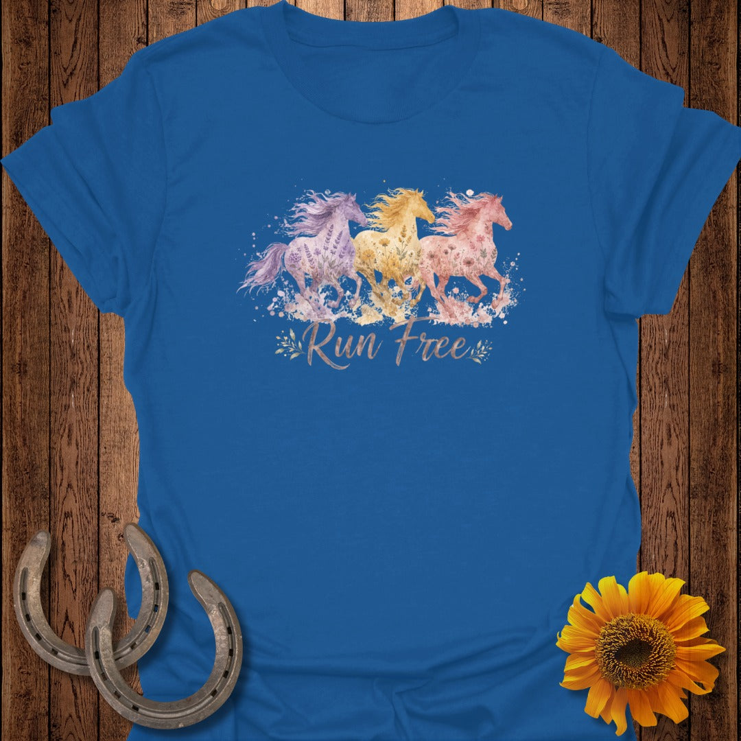 Blue t-shirt with watercolor horses and "Run Free" text.