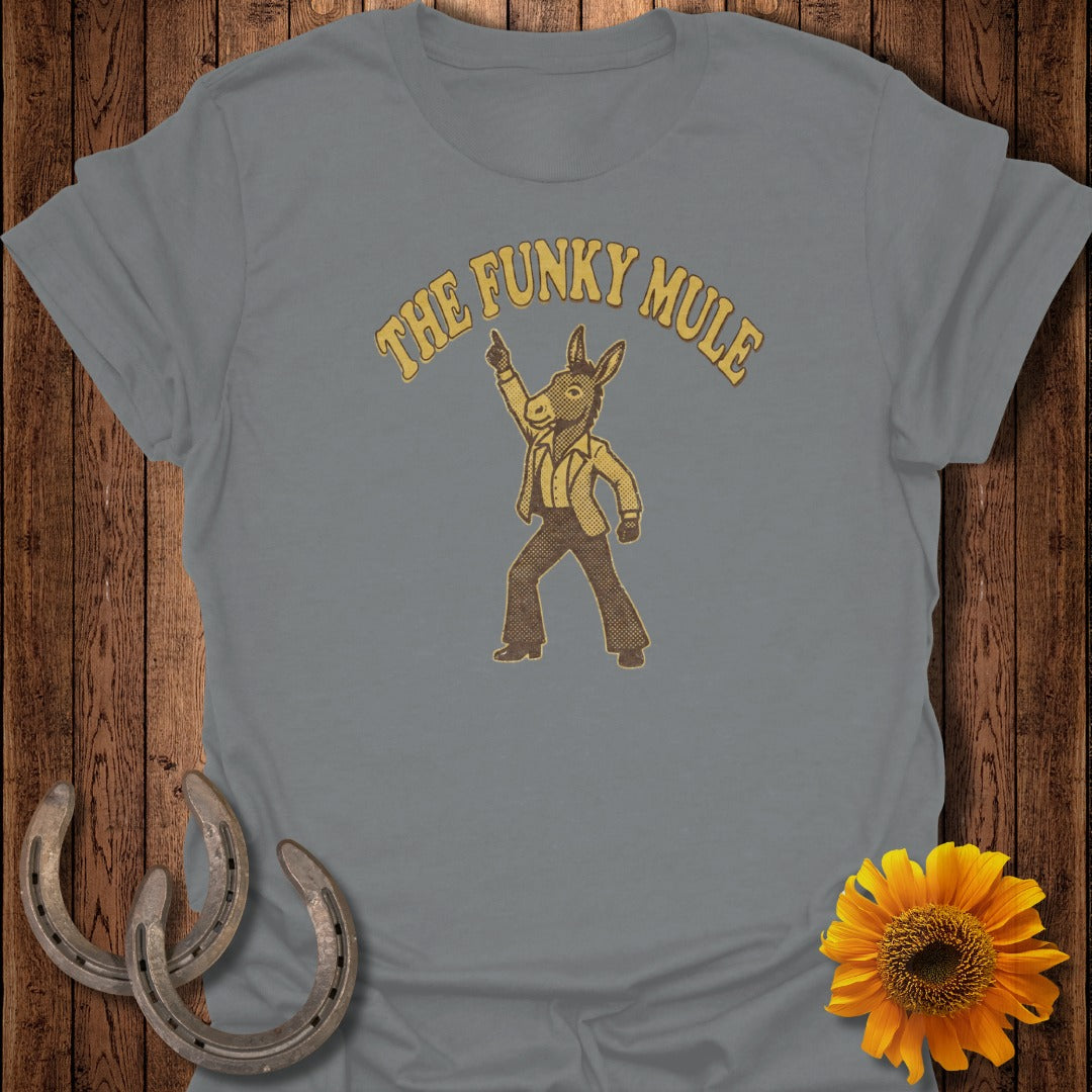 Grey t-shirt featuring a retro cartoon donkey dancing, text "THE FUNKY MULE".