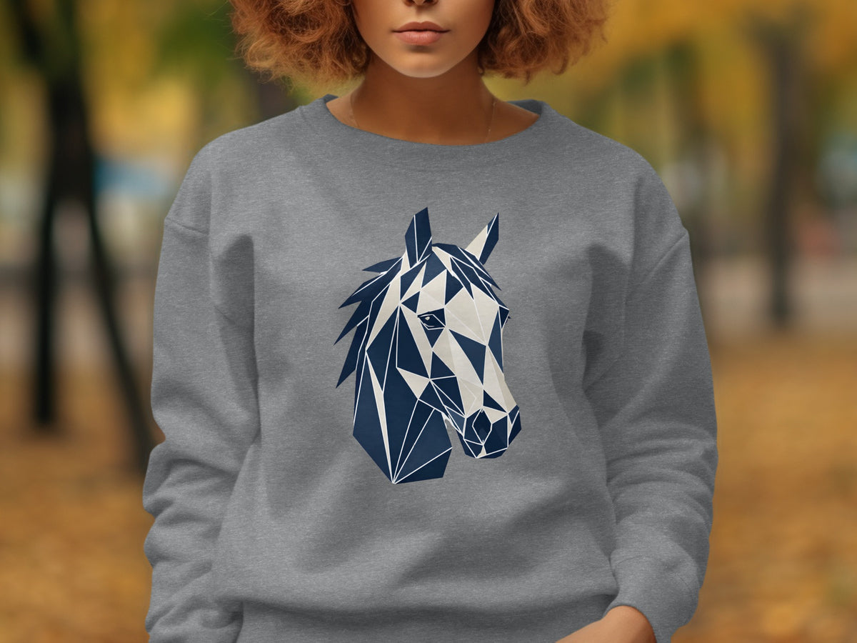 Grey sweatshirt with a geometric navy and beige horse head graphic.