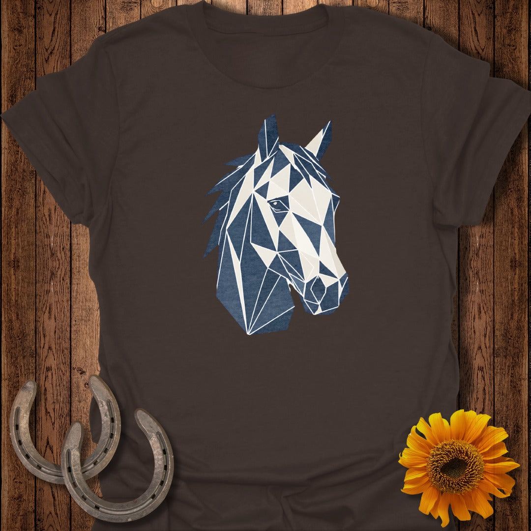 Dark brown t-shirt with a geometric navy and beige horse head design.