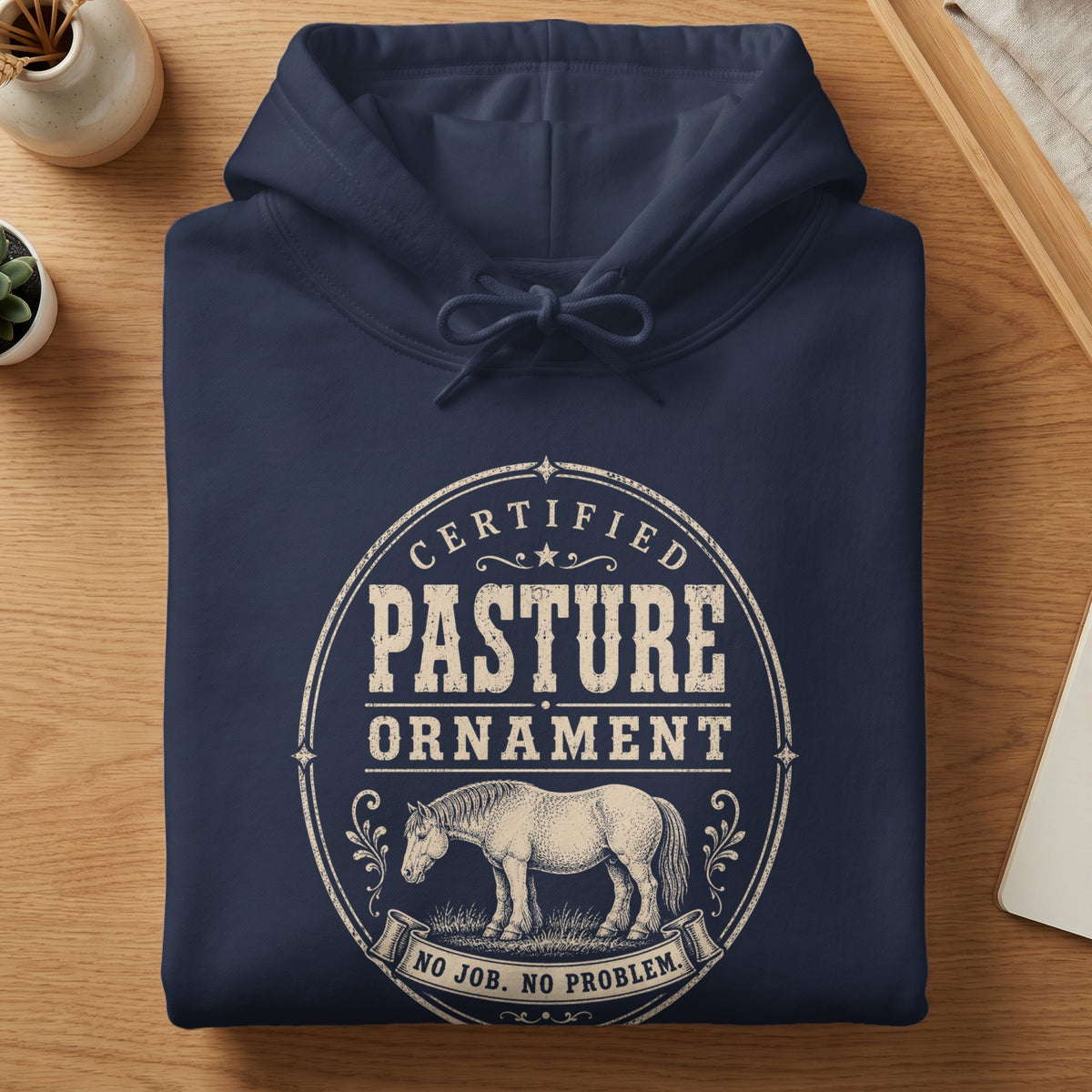 Folded navy blue hoodie featuring a vintage-style graphic with a horse and text reading "Certified Pasture Ornament, No Job. No Problem."