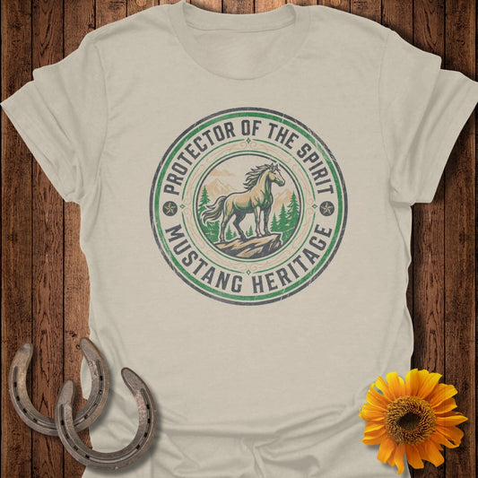 Circular graphic with a mustang and "Protector of the Spirit Mustang Heritage" text.