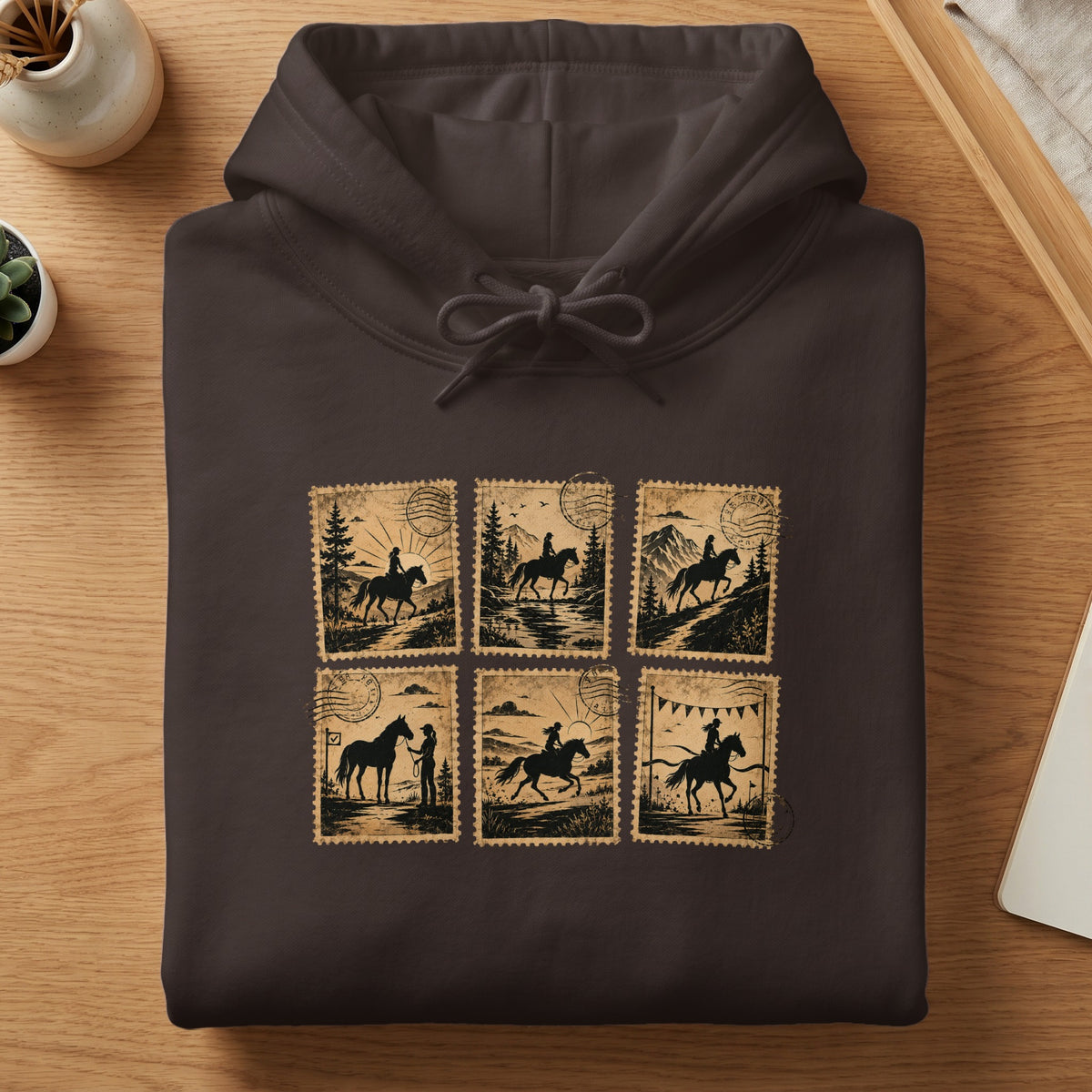 Brown hoodie featuring six vintage postage stamps with horseback riding scenes.