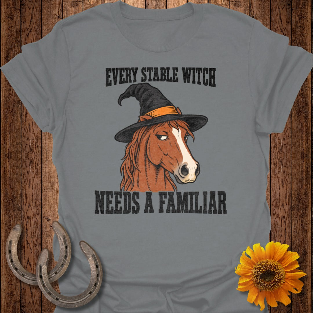 Horse wearing witch hat with text "Every stable witch needs a familiar"