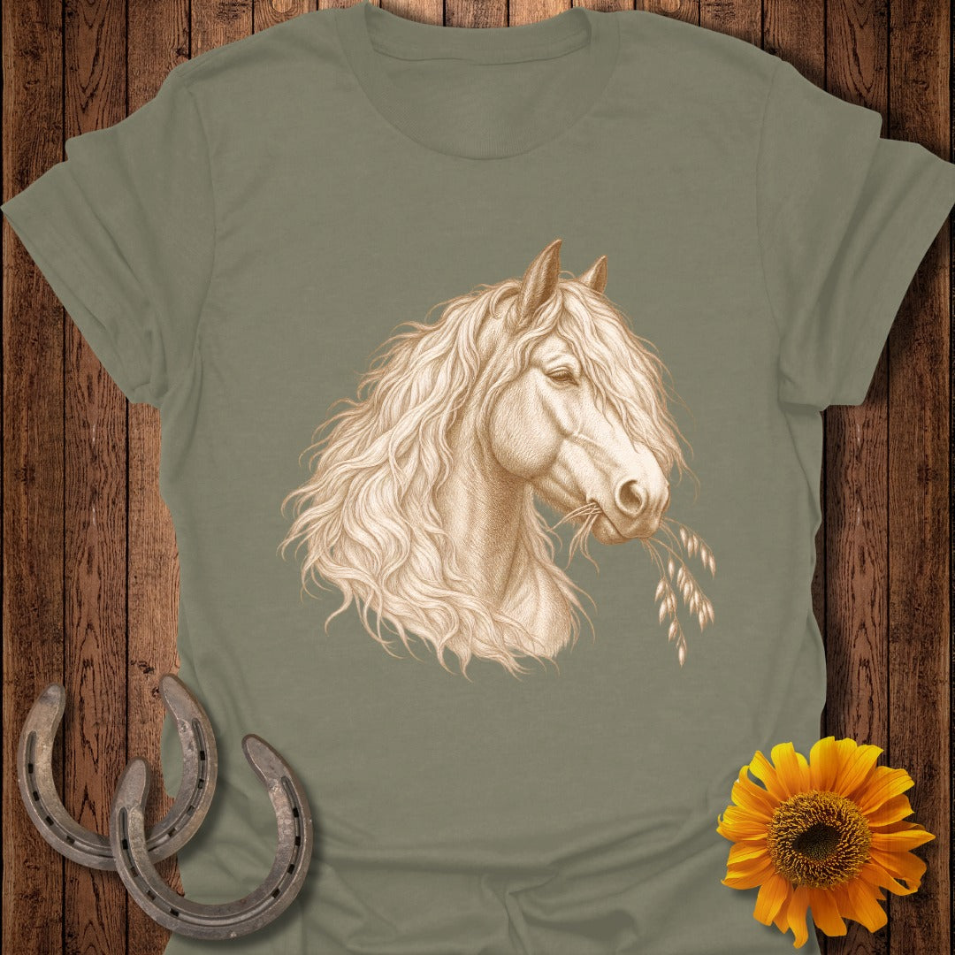 T-shirt with sepia illustration of a horse with a long mane eating grain.