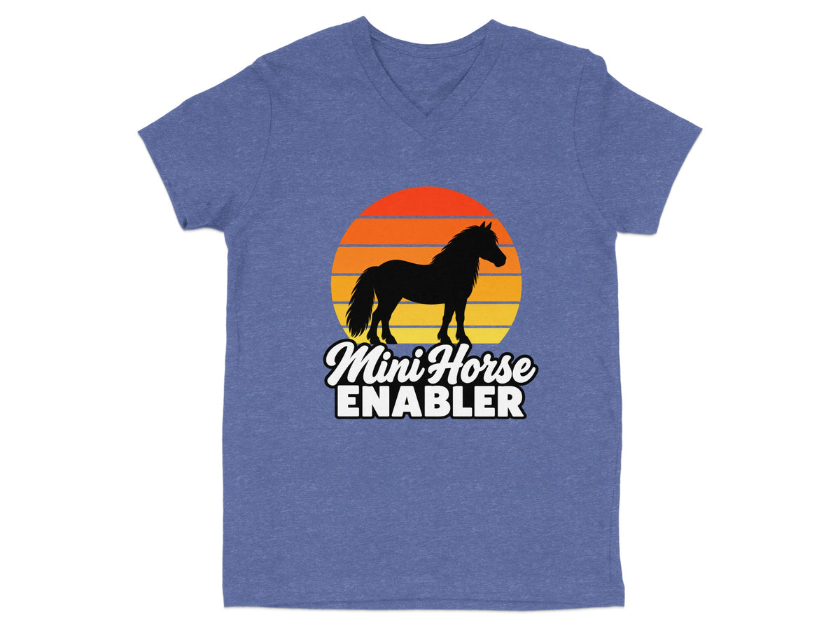 A heather blue V-neck t-shirt with a graphic of a horse silhouette and text reading Mini Horse Enabler.