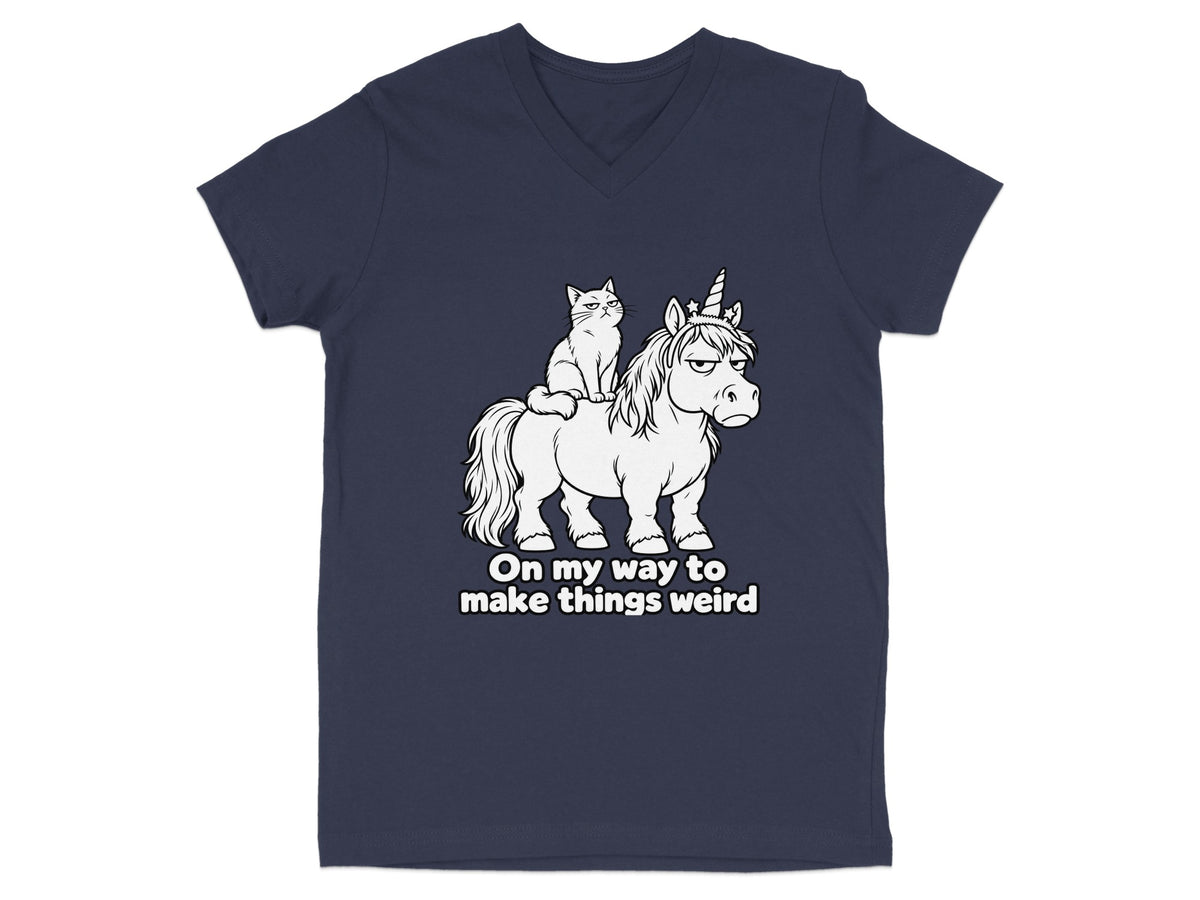 T-shirt with a cat riding a unicorn and the text "On my way to make things weird".