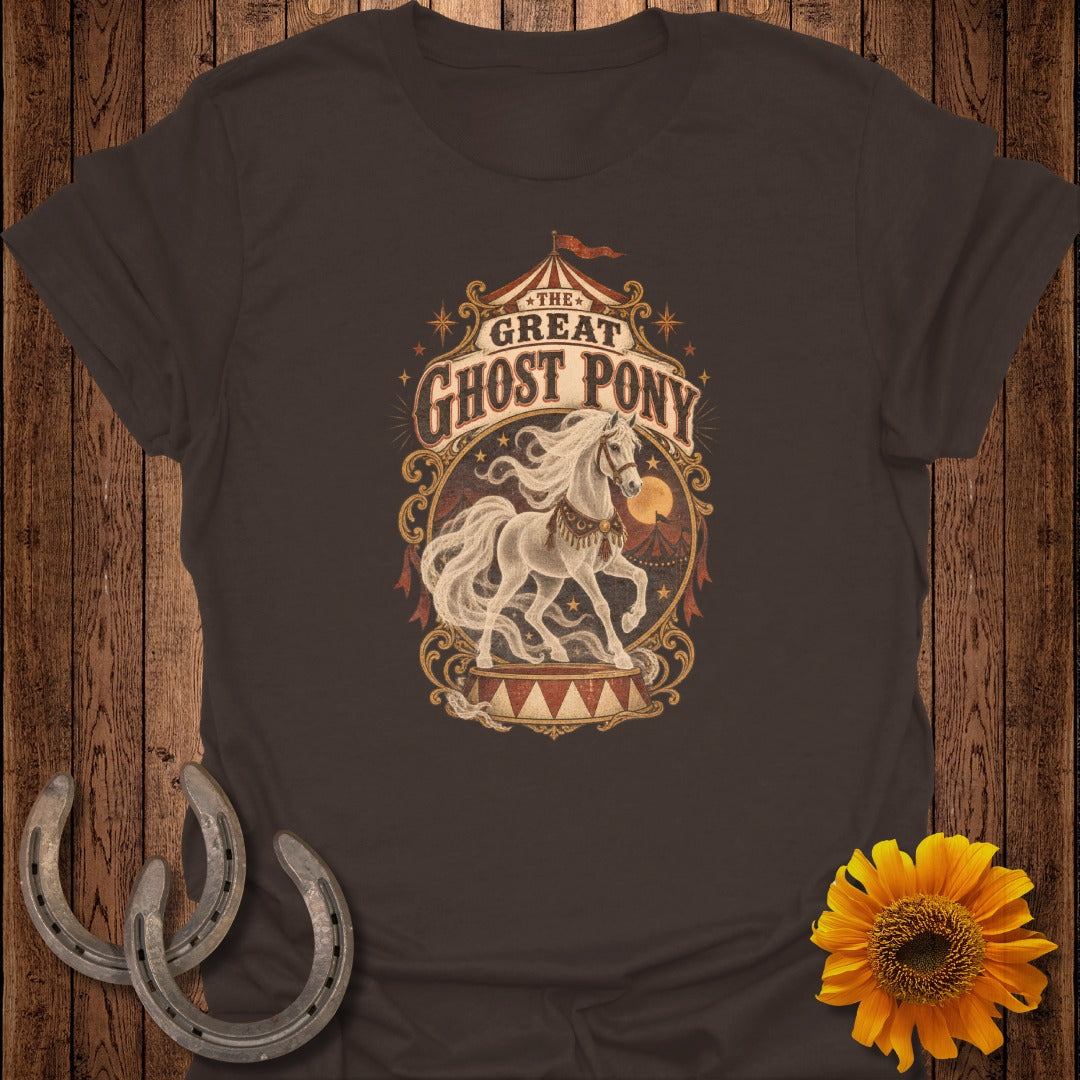 T-shirt with "The Great Ghost Pony" circus-themed graphic featuring a white horse.