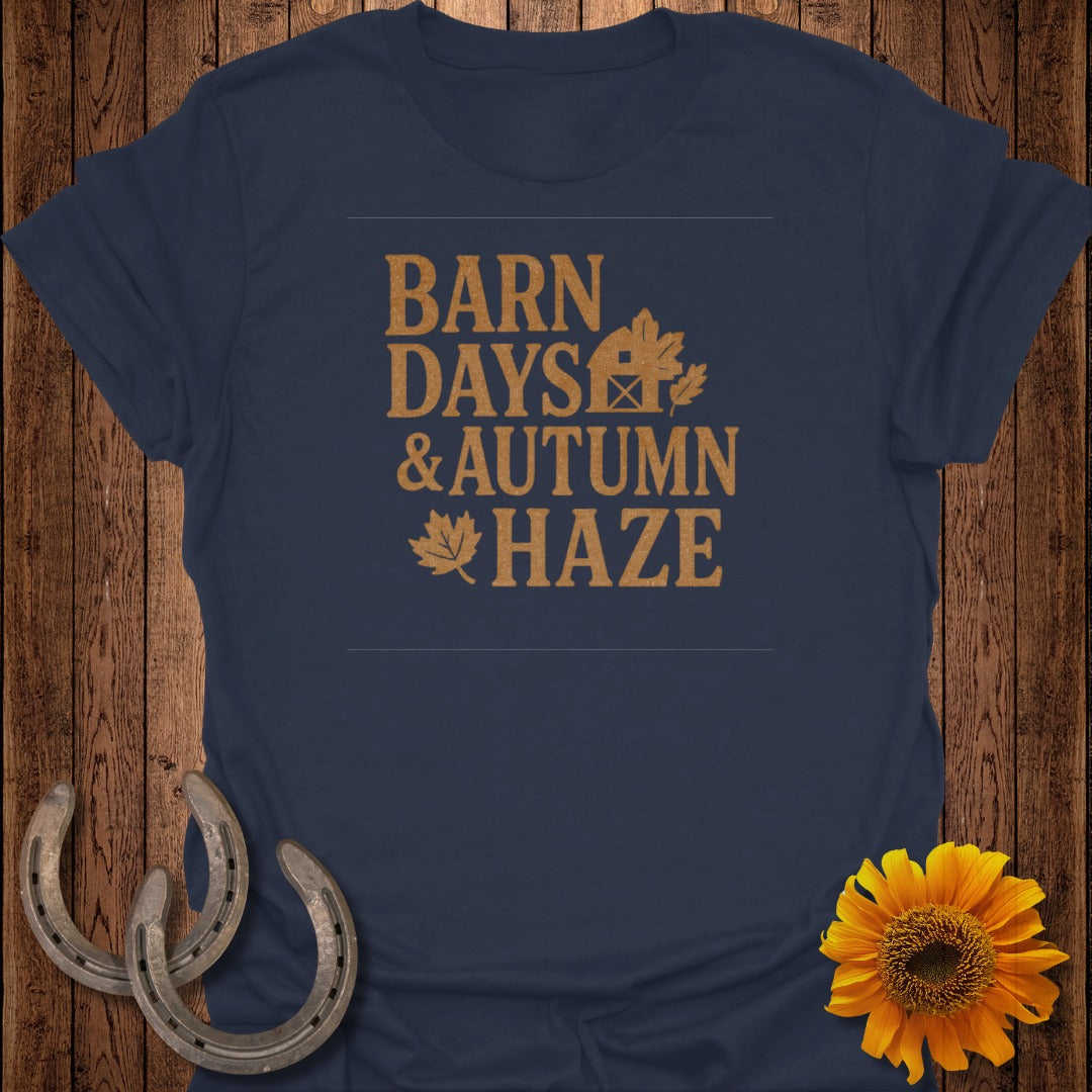 Navy t-shirt with gold text "Barn Days & Autumn Haze" and autumn leaf graphics.