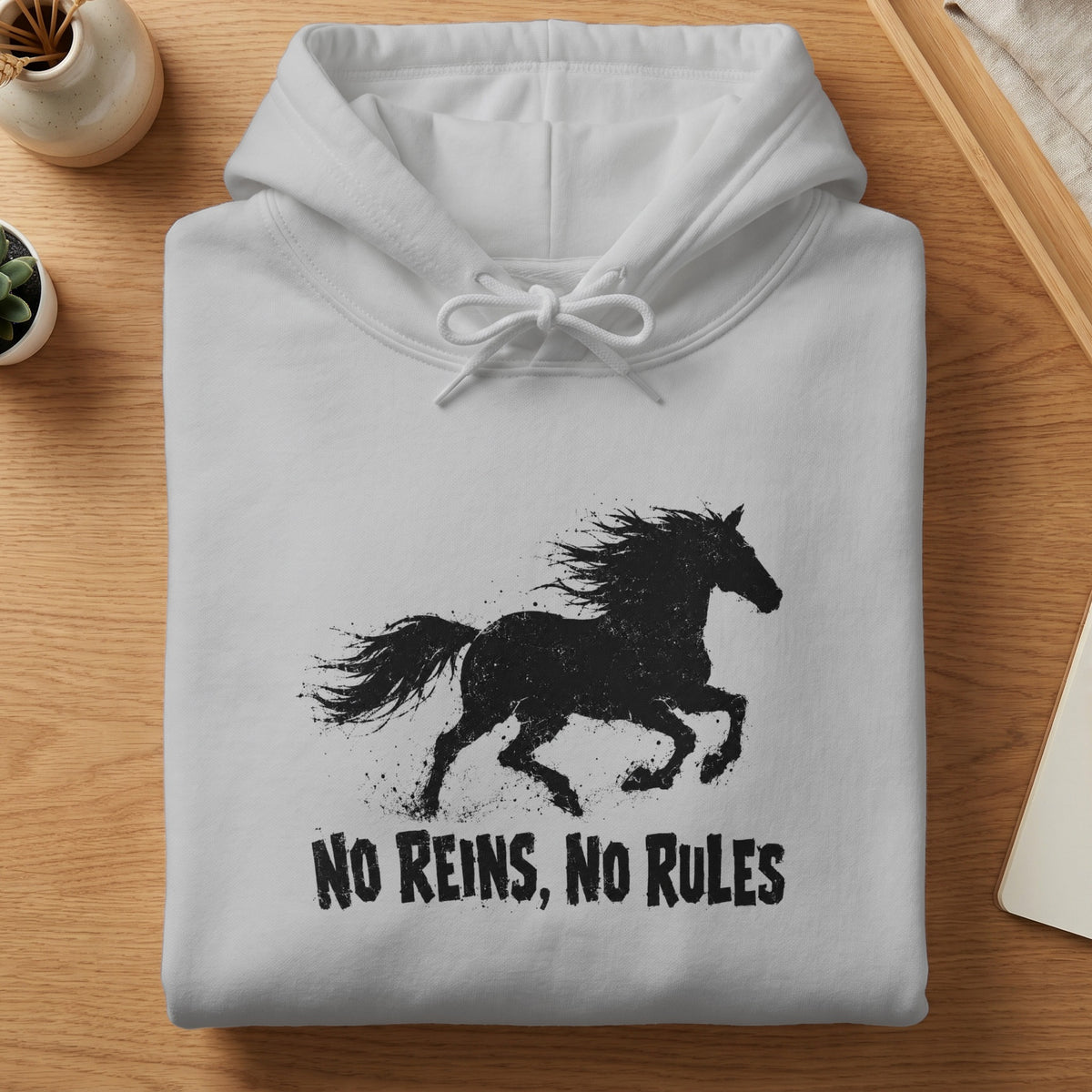 White hoodie with black distressed horse graphic and text "NO REINS, NO RULES".