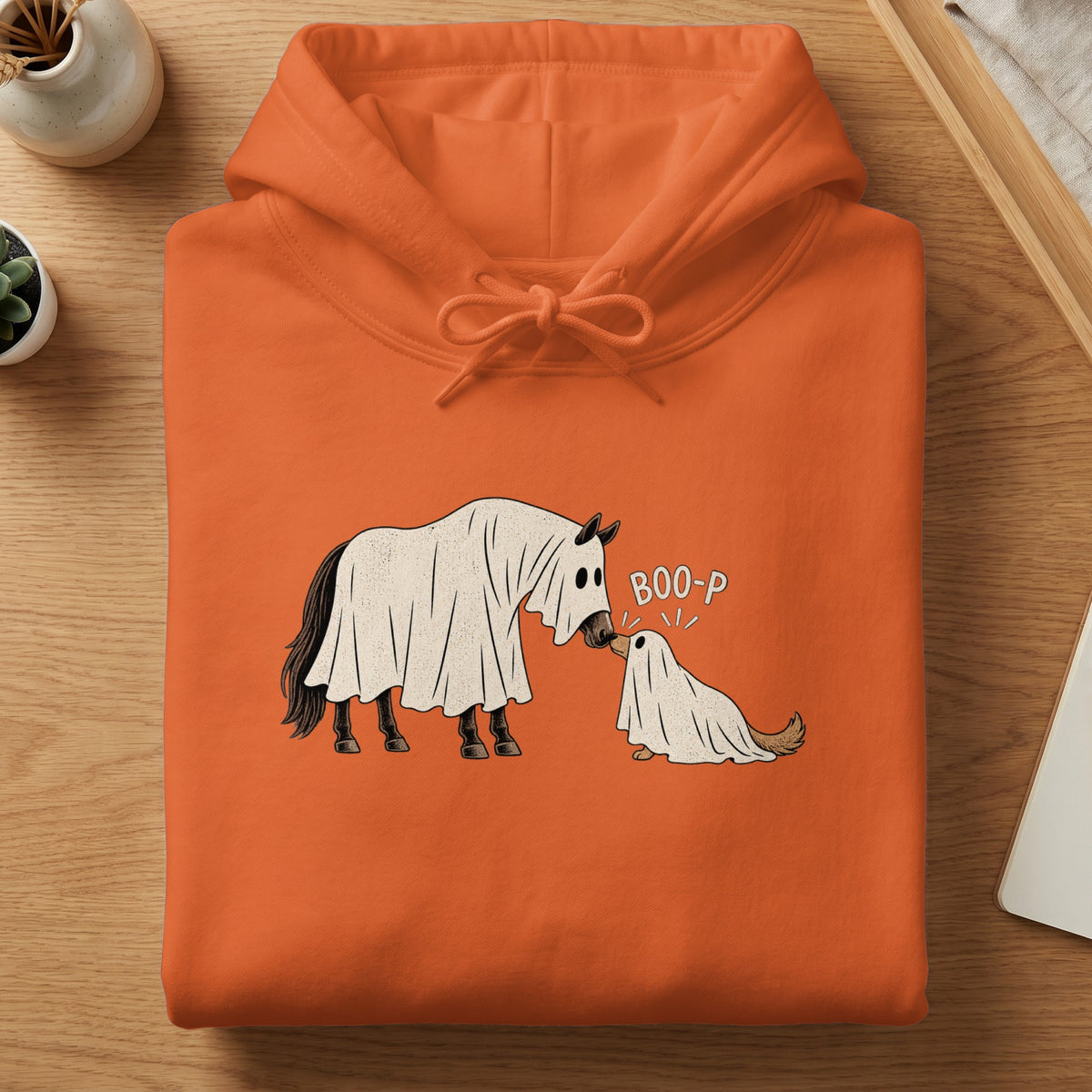 Horse and dog dressed as ghosts, "BOO-P" text.