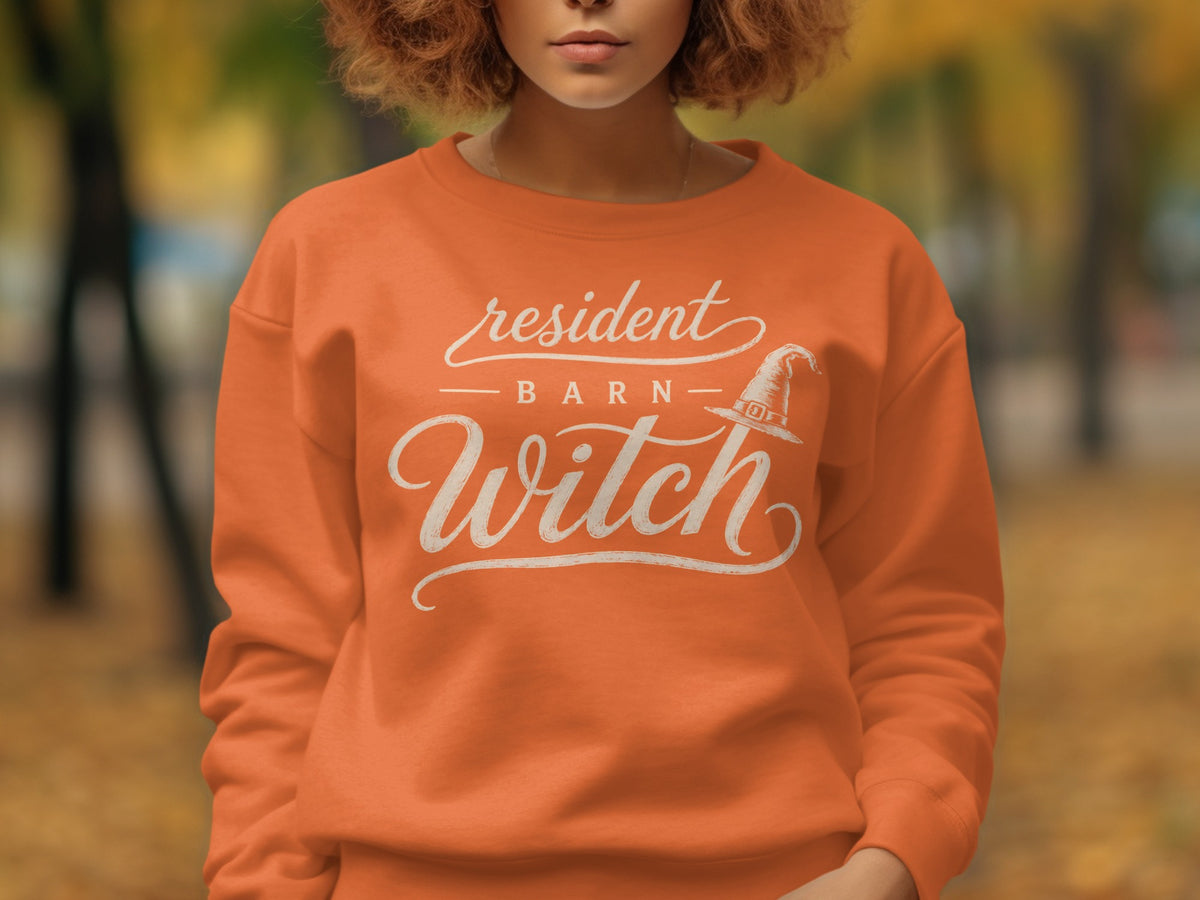 Orange sweatshirt with "Resident Barn Witch" graphic and witch hat.