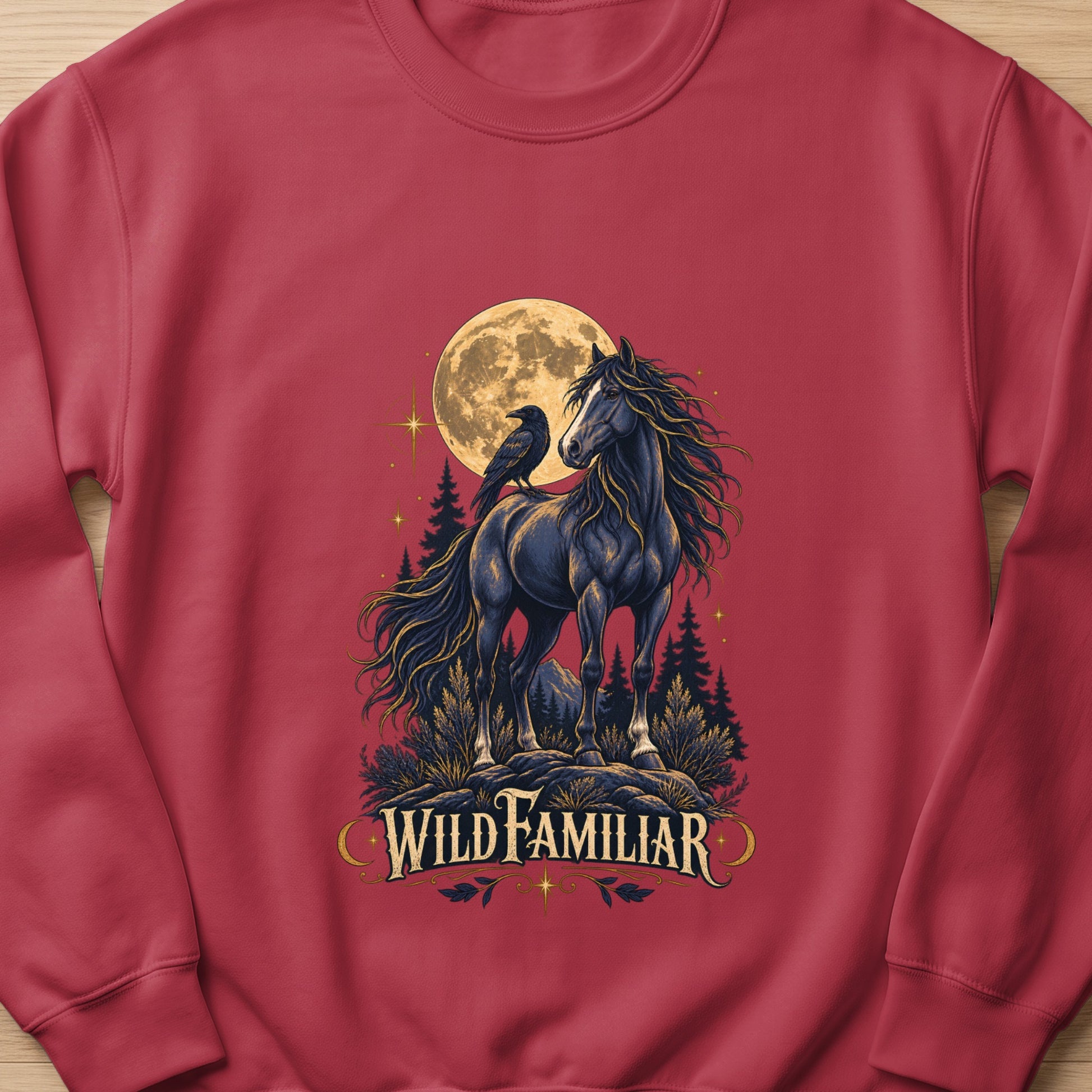 Dark horse with raven on its back, full moon, and text "WILD FAMILIAR".