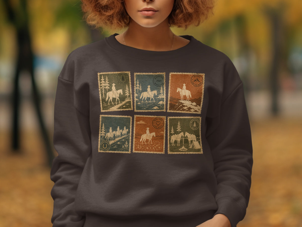Dark gray sweatshirt with vintage stamp design featuring horseback riding scenes.