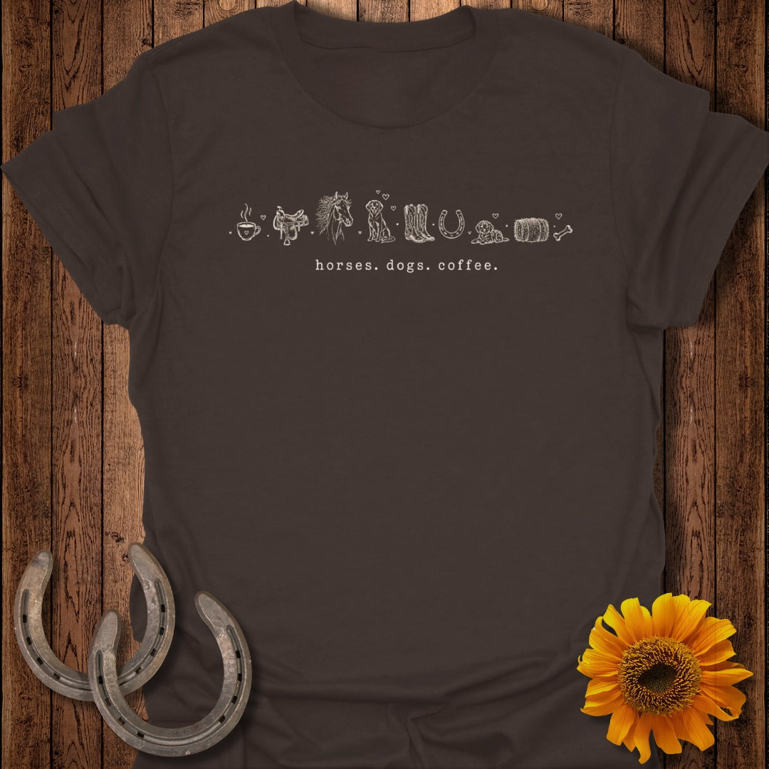 Dark brown t-shirt with minimalist line drawings of horses, dogs, and coffee.