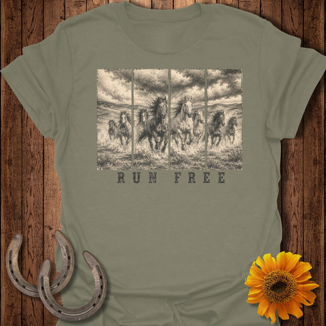 T-shirt with horses running under the text "RUN FREE."