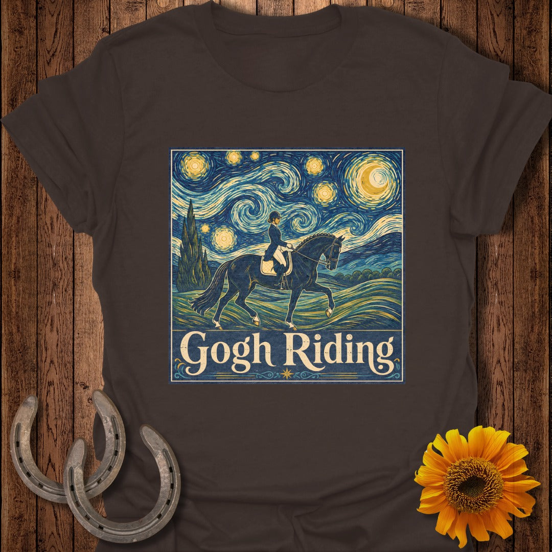 T-shirt design features a horse and rider under a Van Gogh-inspired starry sky with text "Gogh Riding".