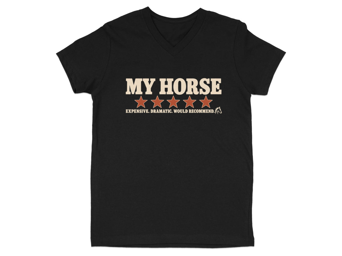 Black t-shirt with "MY HORSE" and a four-star review for a horse.