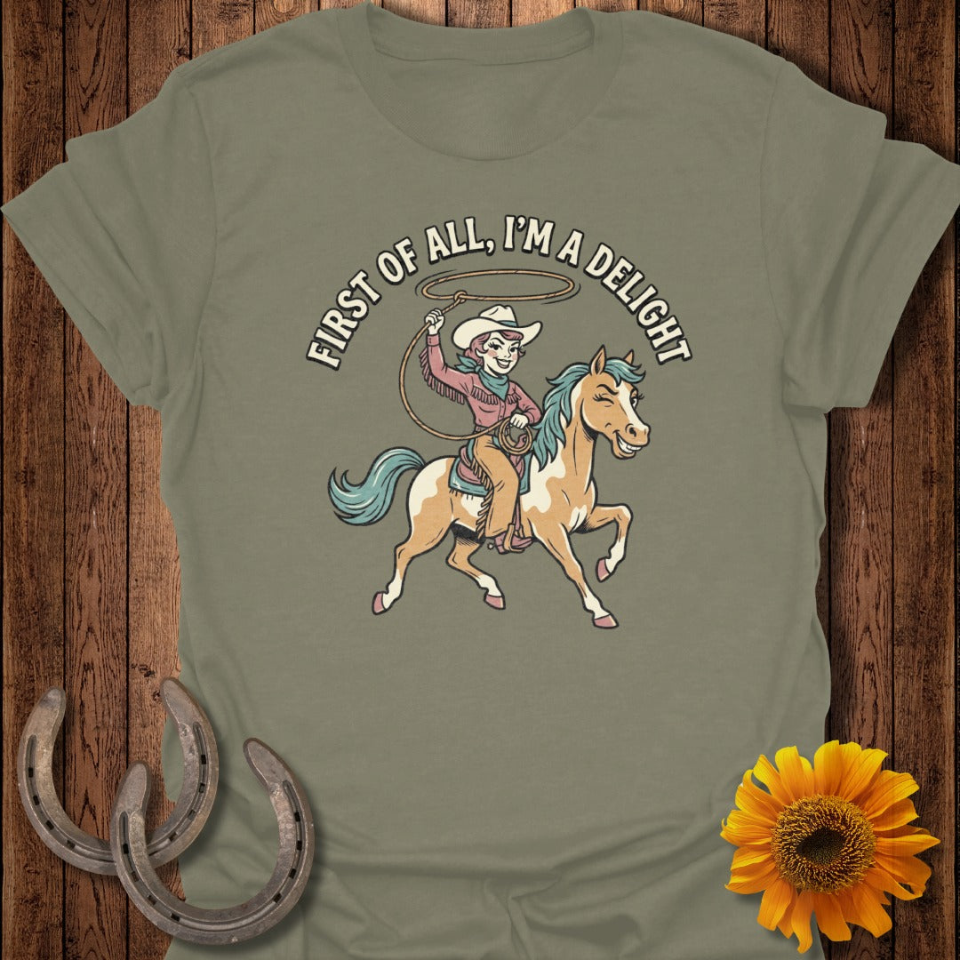 Woman on horse with lasso, text "First of all, I'm a delight".