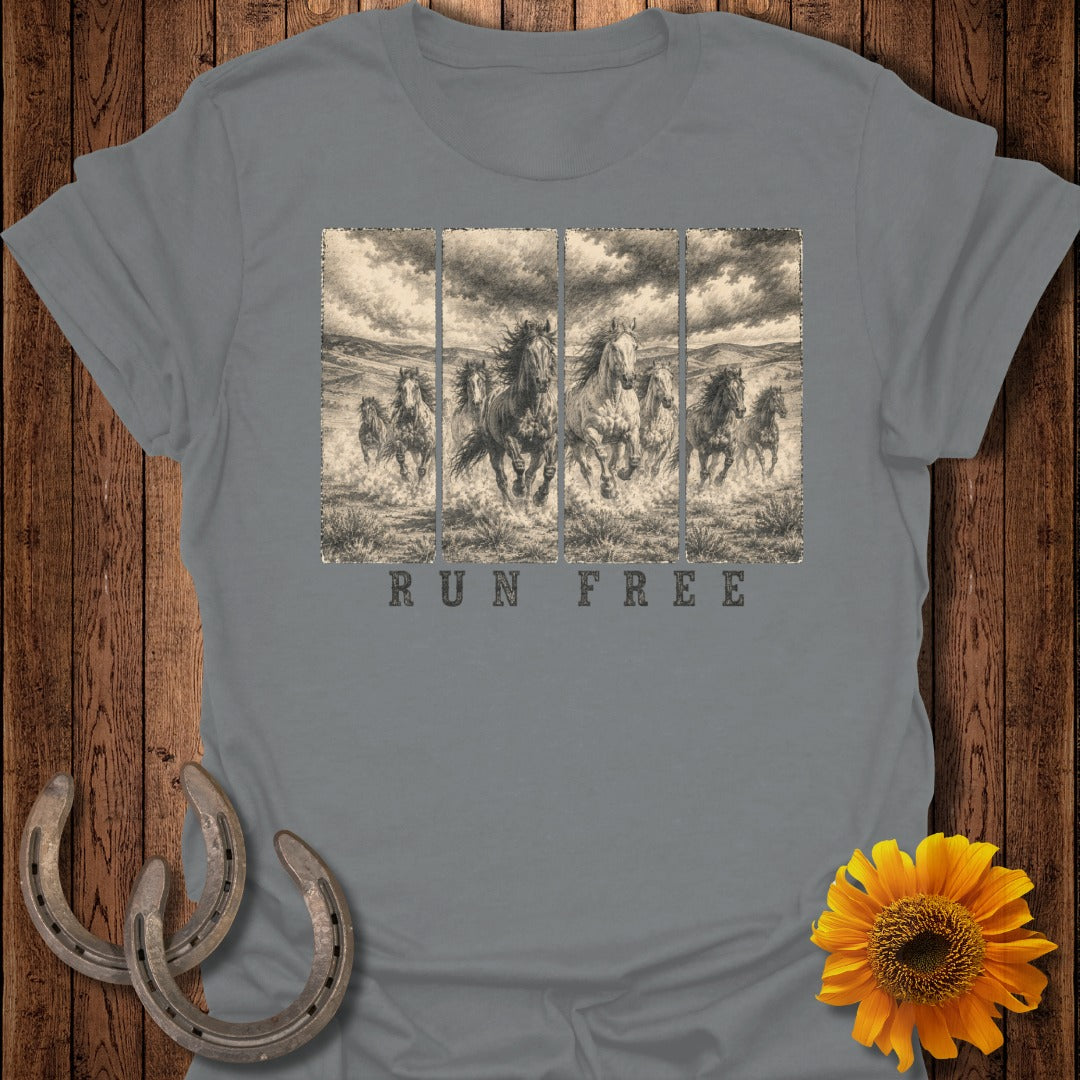 T-shirt with running horses graphic and "RUN FREE" text.