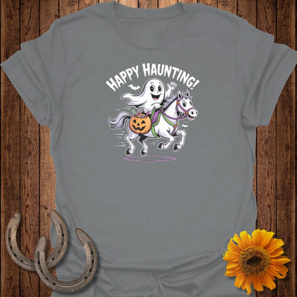 Ghost riding a white horse with a pumpkin basket and "Happy Haunting!" text.