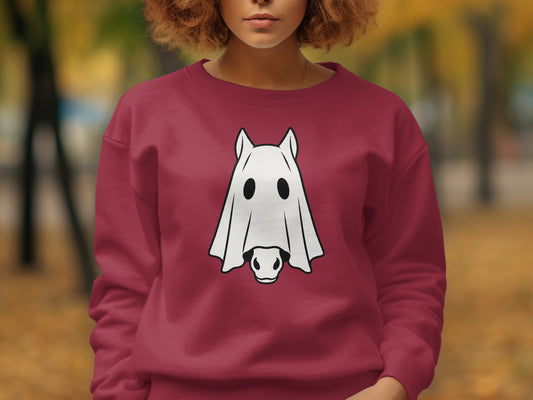 Maroon sweatshirt with a ghost horse graphic on the front.