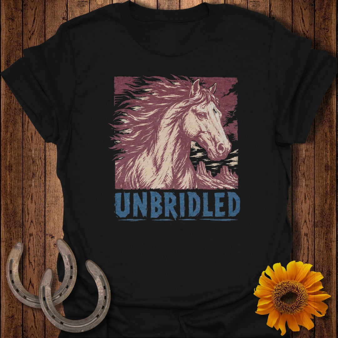 Black t-shirt with a stylized horse head and "UNBRIDLED" text.