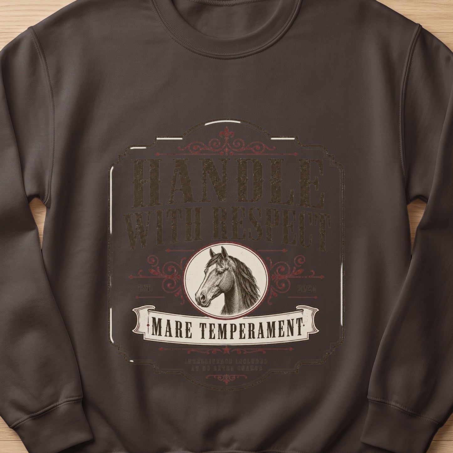 Dark brown sweatshirt with vintage horse graphic and text "Handle With Respect".