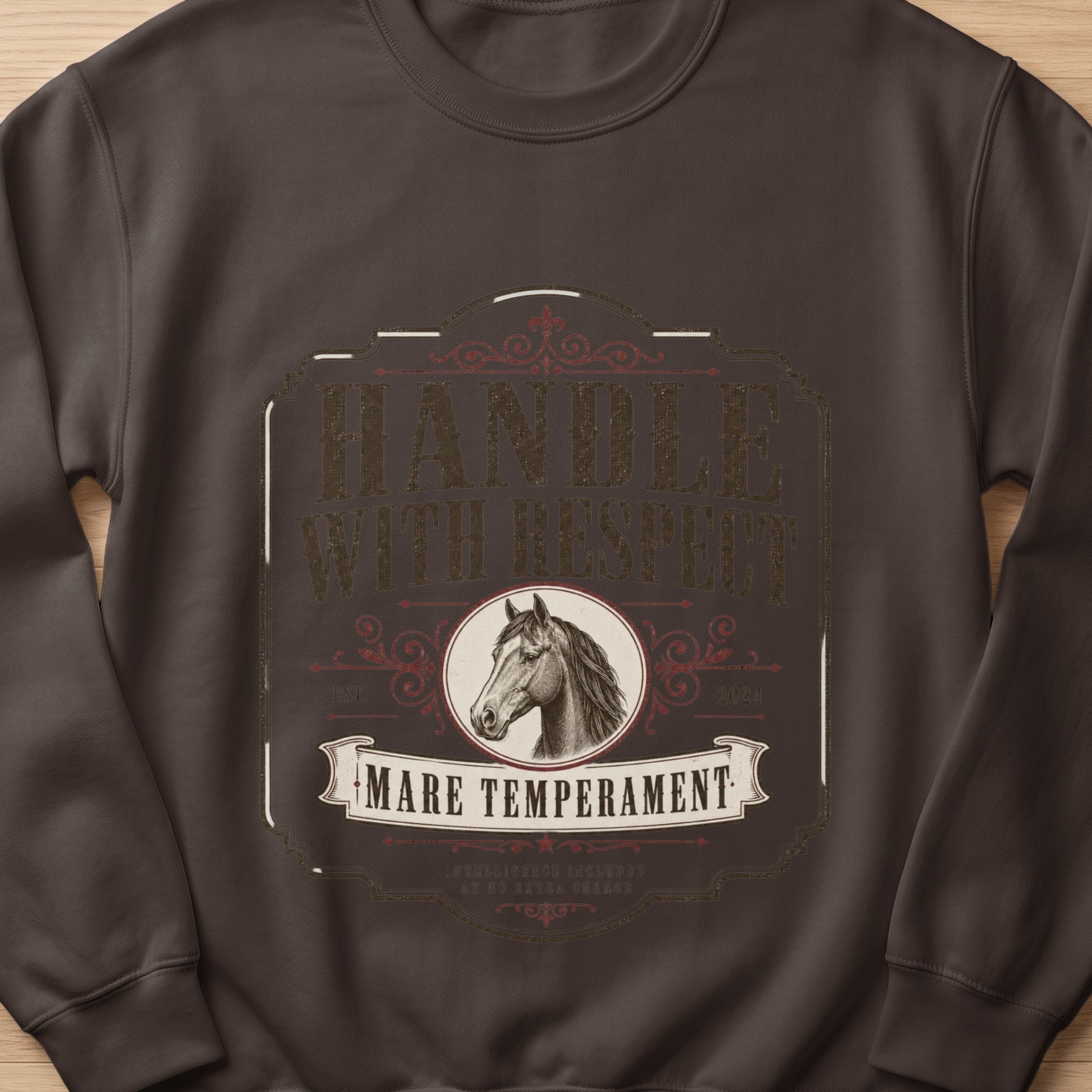 Dark brown sweatshirt with vintage horse graphic and text "Handle With Respect".