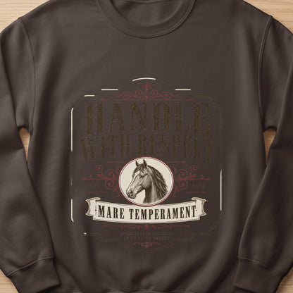 Dark brown sweatshirt with vintage horse graphic and text "Handle With Respect".