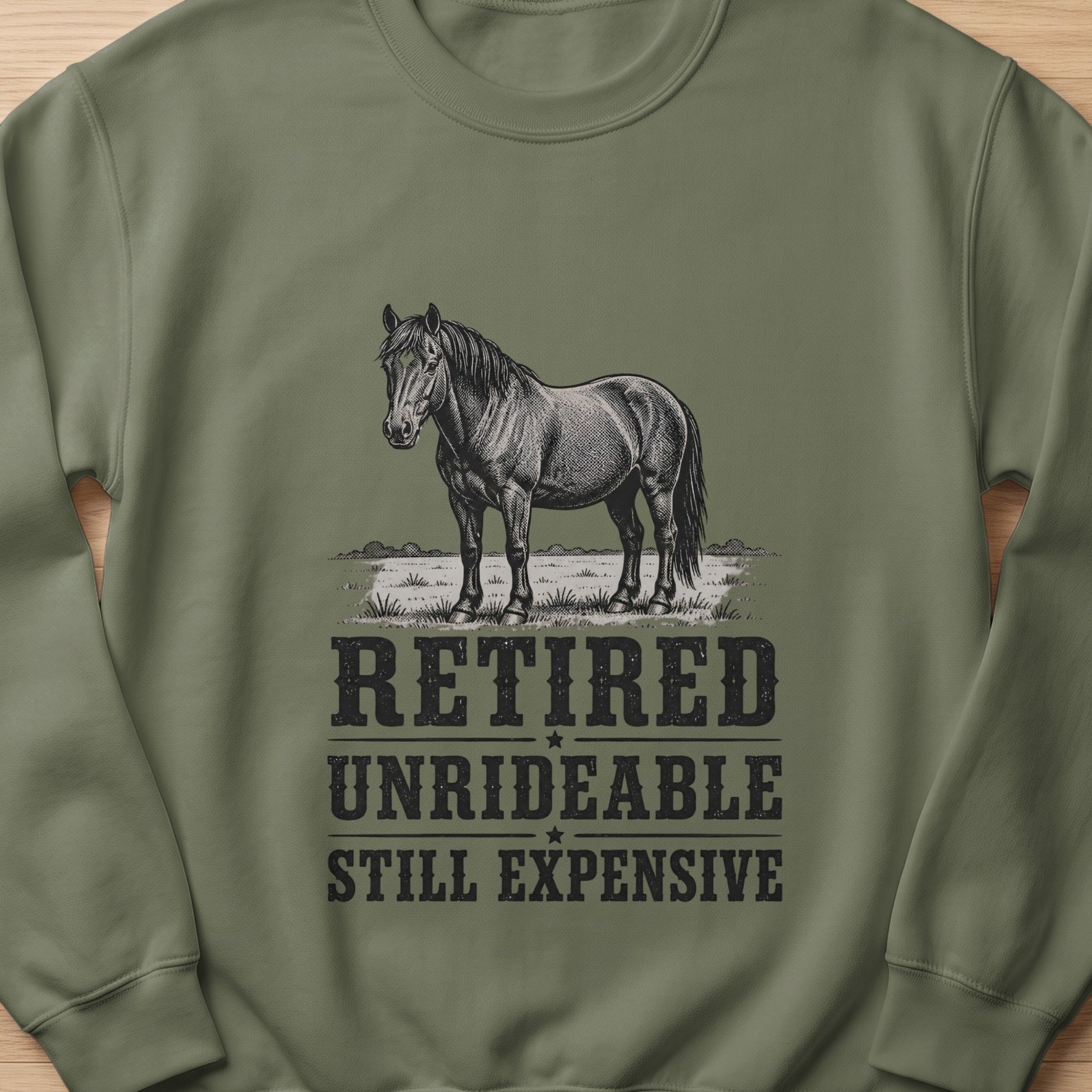 Horse graphic on olive green sweatshirt with text "RETIRED UNRIDEABLE STILL EXPENSIVE".