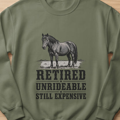Horse graphic on olive green sweatshirt with text "RETIRED UNRIDEABLE STILL EXPENSIVE".