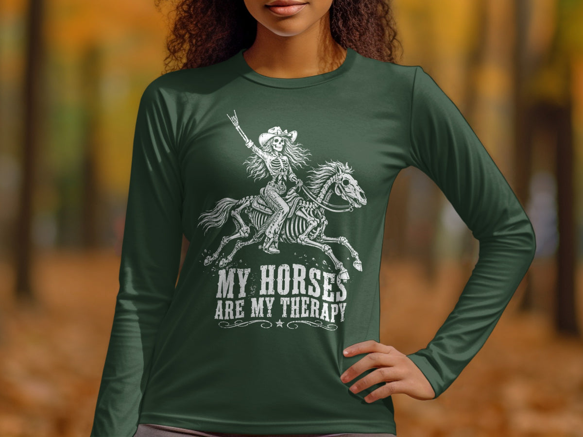 Skeleton cowboy rides horse with text "MY HORSES ARE MY THERAPY".