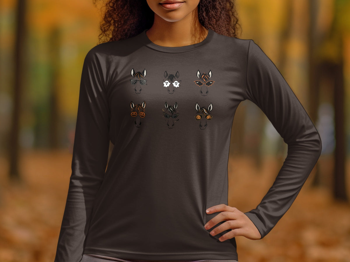 Dark t-shirt with six Halloween-themed horse heads wearing glasses.