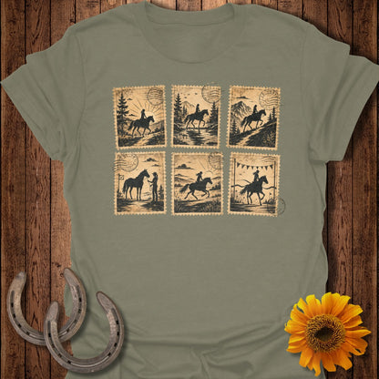 Six vintage-style postage stamps depicting horseback riders in scenic landscapes.