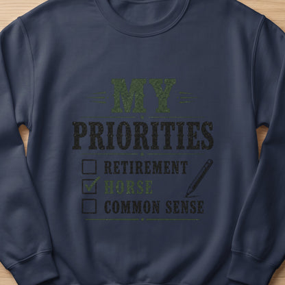 Navy sweatshirt with "MY PRIORITIES" and a checklist including "HORSE" checked.