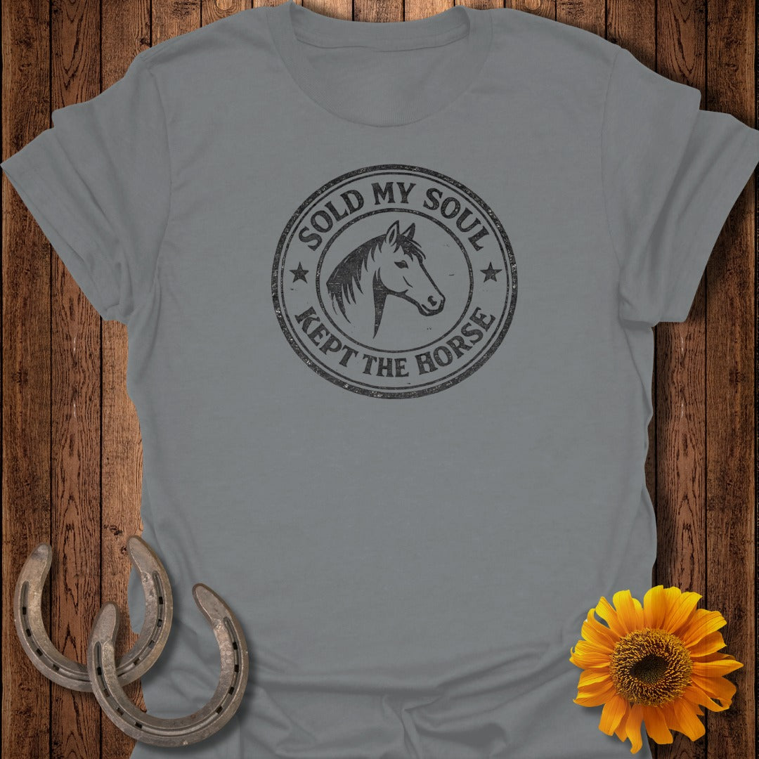 Grey t-shirt with "Sold My Soul Kept The Horse" text and horse head graphic.